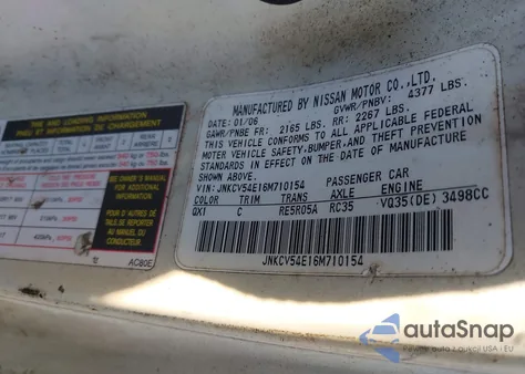 2006 Infiniti G35 z USA, uszkodzony, nr VIN JNKCV54E16M710154